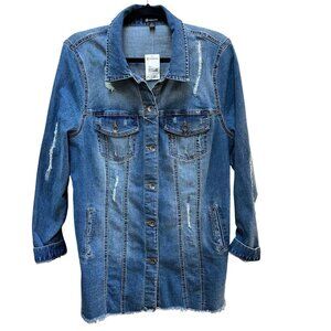 NWT Versona‎ Denim Long Shirt Dress Jacket Long Sleeve Distressed Boho Size L